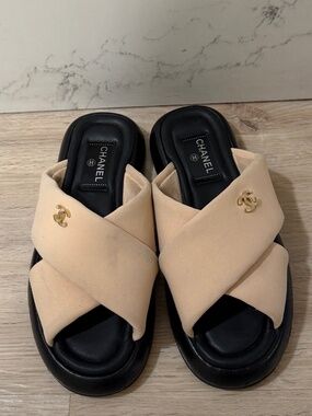 Chanel CC Logo Crossover Slide Sandals Beige/Black Size 37 w/ Box & Dust Bag